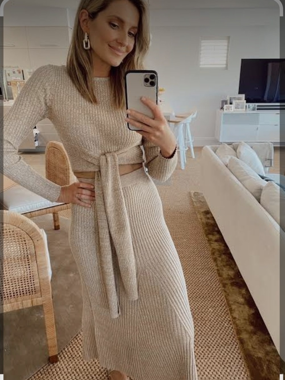 Knit Ribbed SET Maxi Skirt and Shirt in Beige